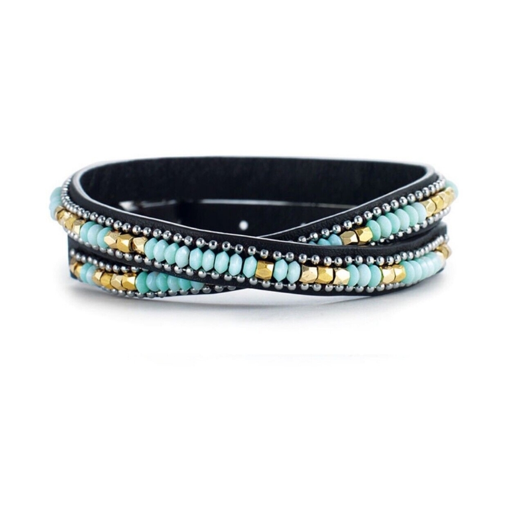 Stella and Dot Sierra Beaded Double Wrap Leather Bracelet